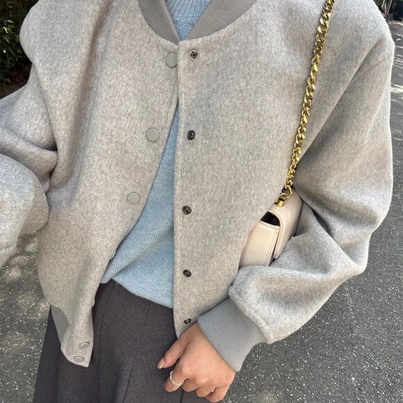 Theory grey wool cashmere bomber cardigan sweater - Picture 2 of 8